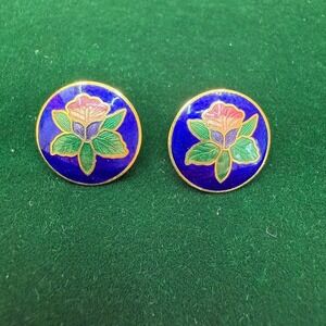 Cloisonne Enamel Flower Earrings Pierced Round Blue Gold Tone Floral Colorful